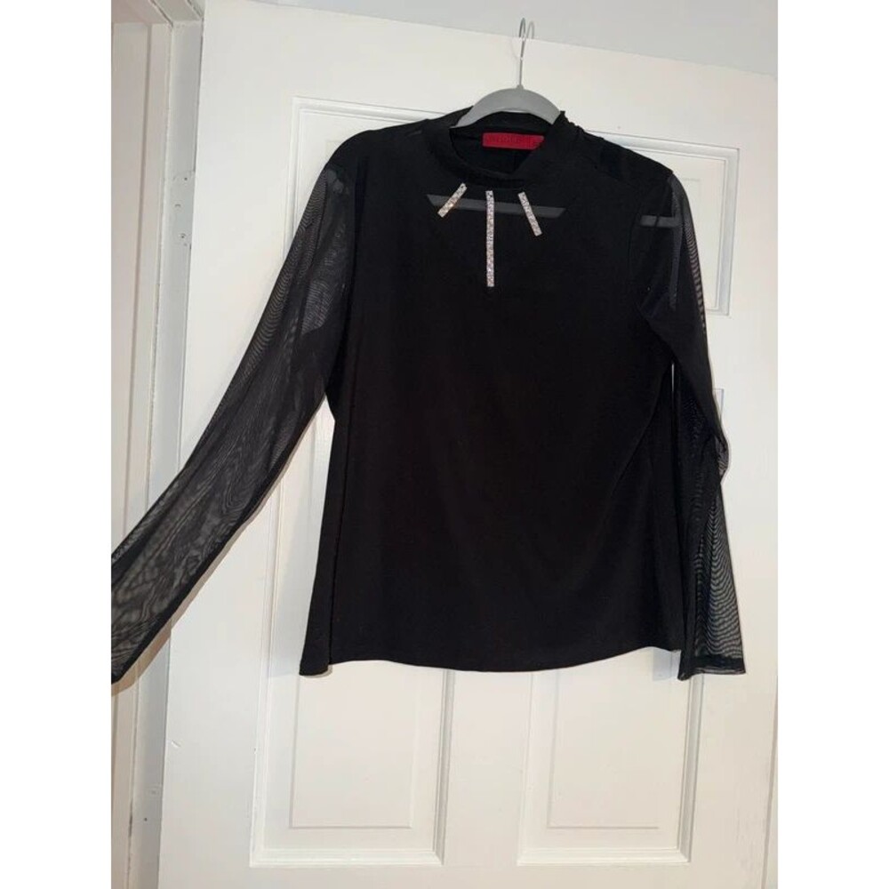black blouse with gem detailing & mesh sleeves